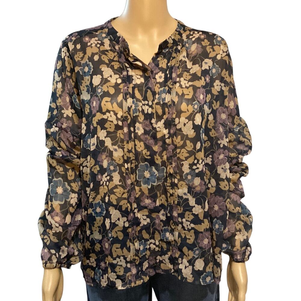 Neo Noir Fatima Dark Floral Chiffon Sheer Pintuck Blouse size L
